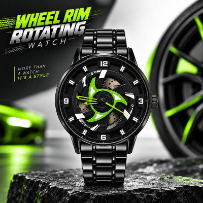 360° Rotating Car Wheel Rim Quartz Watch – Matte Black Metal Sports Wristwatch, 3D Alloy Rim & Brake Disc Dial, Stainless Steel Strap & Scratch-Resistant Glass for Men